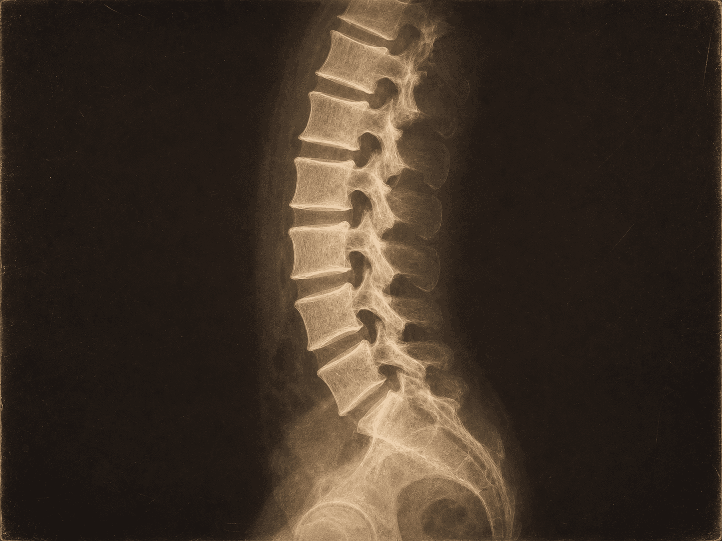 Radiografía lateral de columna lumbar, ilustración editorial en estilo de placa antigua