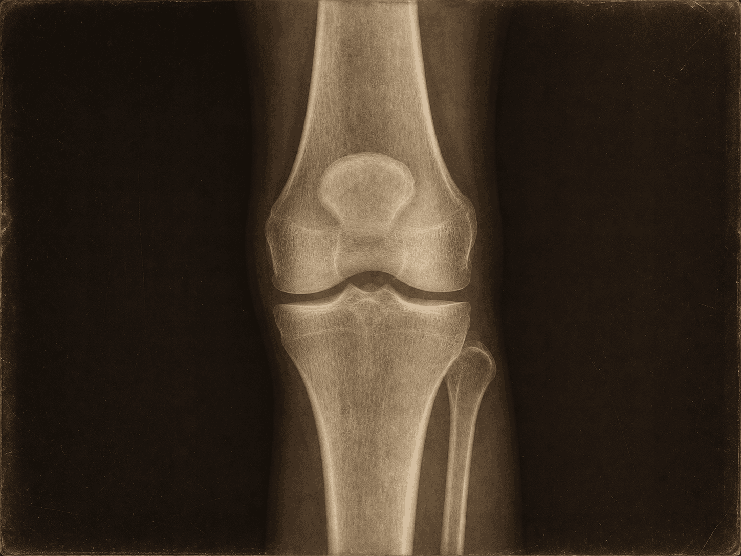 Radiografía de una articulación de rodilla, ilustración editorial en estilo de placa antigua